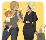  4girls :< :o ;d @_@ \||/ age_difference ankle_socks arm_at_side arm_under_breasts backpack bag belt black_bag black_belt black_dress black_necktie black_pants blonde_hair border breasts brown_eyes brown_hair buttons carrying carrying_person cleavage closed_mouth collarbone collared_shirt cookie_run cookie_run:_ovenbreak cowboy_shot croissant_cookie croissant_cookie_(director_of_the_tbd) curly_sidelocks curtained_hair dark-skinned_female dark_skin denim denim_shorts double-breasted double-parted_bangs double_bun dress drill_hair drill_ponytail expressionless eyepatch eyes_visible_through_hair full_body grey_jacket grey_shirt grey_shorts hair_between_eyes hair_bun hair_intakes hand_up handbag highres holding holding_bag holding_hands humanization implied_selfcest implied_yuri jacket jeans jewelry jitome korean_text lapels large_breasts layered_sleeves long_sleeves looking_at_another low_ponytail lower_teeth_only mother_and_daughter multiple_girls necklace necktie no_eyebrows no_pupils official_alternate_hair_length official_alternate_hairstyle ohta_guk_hip one_eye_closed one_eye_covered open_mouth outside_border pants parted_bangs pencil_dress ponytail raised_eyebrow scar scar_on_cheek scar_on_face science_babies shirt shoes short_hair short_sleeves shorts siblings side_slit simple_background single_hair_bun sisters sleeves_past_wrists smile socks standing sweat teeth thick_thighs thighs three-quarter_sleeves timekeeper_cookie timekeeper_cookie_(ruler_of_the_ephemeral_flow) tongue translation_request uneven_eyes white_border white_shirt white_socks yellow_background yellow_bag yellow_eyes yellow_shirt yellow_shoes 