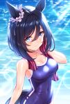  1girl animal_ears bangs bare_arms bare_shoulders black_hair blue_swimsuit blush breasts cleavage closed_mouth commentary_request covered_navel day eishin_flash_(umamusume) eyebrows_visible_through_hair hair_between_eyes highres horse_ears horse_girl horse_tail looking_at_viewer medium_breasts one-piece_swimsuit outdoors smile solo sparkle striped swimsuit tail tomo_(tmtm_mf_mf) towel towel_around_neck umamusume water wet 