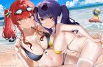  2girls azur_lane ball beach beachball between_breasts bikini black_bikini breasts cleavage closed_mouth day eyewear_on_head goggles goggles_on_head grin halterneck highres large_breasts long_hair looking_at_viewer manjuu_(azur_lane) multi-strapped_bikini multiple_girls navel o-ring o-ring_bikini ocean official_alternate_costume official_art orange_eyes outdoors pola_(azur_lane) pola_(seaside_coincidence)_(azur_lane) purple_hair red_eyes red_hair seicoh side-tie_bikini side_ponytail skindentation smile spaghetti_strap stomach strap_gap strap_pull string_bikini sunglasses swimsuit thighhighs thighs twintails water whistle whistle_around_neck white_legwear yellow_bikini zara_(azur_lane) zara_(poolside_coincidence)_(azur_lane) 