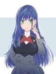  1girl alternate_breast_size alternate_hair_length alternate_hairstyle arm_behind_back bad_id bad_pixiv_id bangs blue_background blue_hair breasts closed_mouth darling_in_the_franxx green_eyes grey_jacket hair_between_eyes hand_on_own_cheek hand_on_own_face highres ichigo_(darling_in_the_franxx) jacket long_hair long_sleeves looking_at_viewer medium_breasts smile solo two-tone_background white_background xiaji_xianding_pingguo 