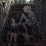  2boys :< ahoge allister_(pokemon) bede_(pokemon) black_hair black_jacket black_shorts blue_leggings blue_shoes closed_mouth collared_shirt commentary_request curly_hair flower full_body gloves highres holding holding_mask horimhkw11 indoors jacket leggings looking_at_viewer male_focus mask mimikyu multiple_boys pink_shirt poke_ball poke_ball_(basic) pokemon pokemon_(creature) pokemon_swsh purple_eyes purple_flower red_flower shirt shoes short_hair shorts single_glove sitting stairs undershirt white_shorts 