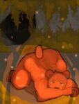  absurd_res anthro ass_up bear belly big_butt brown_body butt butt_scar cave cave_background cavern centivolts hi_res just_woke_up looking_at_viewer lying male mammal morning nude red_eyes scar solo thick_thighs 