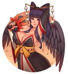  1girl absurdres arm_behind_head arm_up bangs black_hair blunt_bangs blush breasts dead_or_alive detached_sleeves eyebrows_visible_through_hair highres large_breasts lips long_hair looking_at_viewer mole mole_under_mouth nyotengu parted_lips purple_eyes ravenousruss smile solo wings 