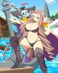  1girl anchor ass_visible_through_thighs black_boots black_bra black_panties blue_eyes blue_sky blush boots bra breasts brown_hair chain cleavage cloud coat collarbone compass curly_hair day drill_hair epaulettes green_eyes groin high_heels holding holding_anchor island jolly_roger kochou_(senran_kagura) large_breasts linea_alba long_hair looking_at_viewer multicolored_coat navel o-ring o-ring_bra ocean official_art orange_trim outdoors panties pirate pirate_costume pirate_ship purple_coat red_flag senran_kagura senran_kagura_new_wave shiny_skin ship shipwreck sinking skull_and_crossed_swords sky smile smirk solo standing stomach thigh_boots torn_flag two-tone_coat underboob underwear v-shaped_eyebrows very_long_hair water watercraft white_coat 