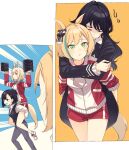  4girls :d ahoge animal_ears black_bow black_hair black_jacket black_vest blonde_hair blush bob_cut bow carrying closed_mouth dot_nose earrings emphasis_lines flower green_eyes grey_pants gym_uniform hair_bow hair_flower hair_ornament happy_meek_(umamusume) highres holding horse_ears horse_girl horse_tail jacket jewelry jitome kashimoto_riko kiryuuin_aoi little_cocon_(umamusume) long_hair long_sleeves medium_hair multicolored_hair multiple_girls nekoume open_mouth pants parted_lips piggyback purple_eyes red_eyes red_shorts running shirt short_hair short_shorts shorts smile streaked_hair sweatdrop tail umamusume vest weights white_shirt yellow_background 