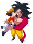  1boy 1girl abs bandana belt black_belt black_footwear black_gloves black_hair body_fur chain closed_eyes commentary_request crop_top denim dragon_ball dragon_ball_gt fingerless_gloves flat_chest floating_hair from_above full_body gloves grandfather_and_granddaughter happy heads_together highres jeans kz_(dbz_kz) looking_at_another midriff monkey_tail no_nipples open_mouth orange_bandana pan_(dragon_ball) pants pectorals purple_legwear shoes short_hair short_sleeves simple_background socks son_goku spiked_hair super_saiyan super_saiyan_4 tail teeth upper_teeth white_background yellow_eyes yellow_pants 