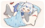  1girl bangs barefoot blue_hair blunt_bangs blush_stickers closed_eyes commentary drooling english_commentary fish_tail frilled_pillow frills gawr_gura hair_ornament highres hololive hololive_english long_hair multicolored_hair open_mouth pillow same_anko shark_tail sharp_teeth shrimp simple_background sleeping solo stuffed_animal stuffed_shark stuffed_toy tail teeth two-tone_hair two_side_up virtual_youtuber white_hair wide_sleeves 