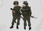  2girls abstract_background absurdres animal_ears assault_rifle backpack bag black_hair boots camouflage_paint canteen cigarette_pack commentary cross cross_necklace crucifix english_commentary explosive gaiters glasses gloves green_eyes grenade gun headband helmet highres holding holding_gun holding_weapon jewelry leaning_on_person limited_palette looking_at_another looking_at_viewer m16 m16a1 machete military_uniform multiple_girls necklace pocket polilla polivia remington_7188 rifle shotgun smoke_grenade sunglasses tongue tongue_out weapon wristband 