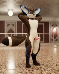 3d_(artwork) absurd_res anthro bioluminescence blender_(artwork) blep brown_body brown_fur cirvulp collar dale_rockester dalearts digital_media_(artwork) eyewear fur genitals glasses glowing hands_behind_head hi_res inside lobby looking_at_viewer male penis presenting presenting_penis solo standing tapering_penis tongue tongue_out