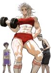  2girls abs absurdres blush breasts dorohedoro earrings ebisu_(dorohedoro) fujita_(dorohedoro) gym_shorts highres jewelry large_breasts long_hair looking_at_viewer multiple_girls muscular muscular_female navel noi_(dorohedoro) park_ongjol red_eyes shorts simple_background smile white_hair 