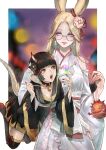  2girls absurdres animal_ears au_ra avatar_(ffxiv) bangs bell black_hair black_kimono blonde_hair blurry blurry_background breasts cam_(cammero95713700) carrying carrying_person carrying_under_arm cleavage dragon_horns dragon_tail earrings eating festival final_fantasy final_fantasy_xiv floral_print flower flower_ornament food glasses hair_ornament highres hime_cut holding holding_food horns japanese_clothes jewelry kimono long_hair mole mole_under_mouth multiple_girls neck_bell obi open_mouth pink_eyes rabbit_ears red_nails round_eyewear sash shaved_ice smile string summer_festival tail viera white_kimono wide_sleeves yellow_eyes 