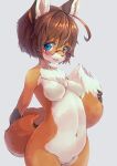  1girl :p ahoge animal_ears blue_eyes body_fur breasts brown_hair commentary_request completely_nude fox_ears fox_girl fox_tail furry furry_female glasses grey_background highres kageroh looking_at_viewer medium_breasts navel nude original round_eyewear short_hair simple_background solo tail tongue tongue_out 
