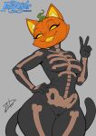 absurd_res black_clothing black_suit bodysuit camel_toe clothing epic_games felid feline female for_a_head fortnite gesture halloween hand_gesture hi_res holidays inktober inktober_2025 jack-o'-lantern mammal markings nipple_outline object_head pumpkin_head simple_background skeleton_(marking) skinsuit solo suit tail tight_clothing v_sign zoobastik