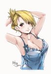  1girl armpits arms_up artist_name blonde_hair blue_nightgown breasts brown_eyes cleavage closed_mouth collarbone folded_ponytail frills fullmetal_alchemist hair_over_one_eye hands_in_hair large_breasts looking_at_viewer nightgown relaxjon riza_hawkeye short_hair simple_background smile solo spaghetti_strap upper_body white_background 