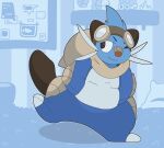 alliwazoo ambiguous_gender anthro aqua_(innocentenough) band-aid band-aid_on_face band-aid_on_nose bandage bandage_on_face bandage_on_nose bedroom blue_body blue_fur brown_ears brown_tail carpet clothing cork_board detailed_background dewott eyewear eyewear_on_head full-length_portrait fur generation_5_pokemon goggles goggles_on_head grey_whiskers hand_in_pocket head_tuft hi_res innocentenough inside nintendo on_one_leg one_eye_closed onesie orange_nose pillow pockets pokemon pokemon_(species) pokemon_onesie portrait samurott shelf smile solo standing tail tuft whiskers