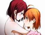  2girls absurdres ahoge alternate_hair_length alternate_hairstyle blush breasts closed_mouth commentary_request eyebrows_visible_through_hair finger_to_another&#039;s_mouth highres kougi_hiroshi love_live! love_live!_sunshine!! multiple_girls orange_hair parted_lips red_hair sakurauchi_riko short_hair sideboob sweatdrop takami_chika topless yuri 