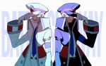  2boys adjusting_clothes adjusting_headwear arm_at_side azisaiharumaki56 black_coat black_hat black_pants blue_necktie brothers coat commentary_request emmet_(pokemon) gloves grey_eyes grey_hair hat highres ingo_(pokemon) long_sleeves looking_at_viewer male_focus matching_outfits multiple_boys necktie open_mouth pants peaked_cap pokemon pokemon_bw shirt short_hair siblings symmetry white_coat white_gloves white_pants white_shirt 
