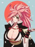  1girl baiken blue_background breasts cleavage drakiekun eyepatch guilty_gear guilty_gear_xrd highres japanese_clothes kimono long_hair looking_at_viewer pink_hair ponytail red_eyes 
