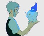  ! 1boy azisaiharumaki56 black_vest chromatic_aberration commentary_request grey_background grey_eyes grey_hair highres holding holding_pokemon ingo_(pokemon) litwick looking_at_another male_focus open_mouth pokemon pokemon_(creature) pokemon_bw shirt simple_background upper_body vest white_shirt 