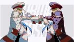  2boys azisaiharumaki56 black_coat black_hat black_pants blue_necktie brothers character_name coat commentary_request emmet_(pokemon) gloves grey_eyes grey_hair hat highres ingo_(pokemon) long_sleeves male_focus matching_outfits multiple_boys necktie outstretched_arm pants peaked_cap pokemon pokemon_bw shirt short_hair siblings symmetry white_coat white_gloves white_pants white_shirt 