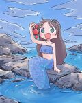  1girl 1nupool animal aqua_eyes bare_shoulders black_hair blue_sky blue_theme cloud cloudy_sky crab highres holding holding_animal long_hair mermaid monster_girl open_mouth original ripples rock scales sky smile solo strapless tube_top 