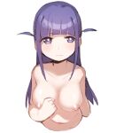  1girl absurdres bangs blunt_bangs blush breasts bright_pupils cleavage closed_mouth collarbone cropped_arms cropped_torso eyebrows_visible_through_hair goe_(g-o-e) highres large_breasts long_hair looking_at_viewer navel nipples nude purple_eyes purple_hair shoujo_kageki_revue_starlight sidelocks simple_background solo stomach tsuyuzaki_mahiru two_side_up upper_body wavy_mouth white_background white_pupils 