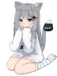  1girl absurdres animal animal_ear_fluff animal_ears bangs blue_eyes blush cat_ears cat_girl cat_tail commentary_request dress eating eyebrows_behind_hair fang fish full_body grey_hair hair_ornament hairclip hands_up highres holding holding_animal holding_fish indie_virtual_youtuber long_hair long_sleeves miaoema nacho_(amashiro_natsuki) no_shoes simple_background sitting sleeves_past_fingers sleeves_past_wrists socks soles solo striped striped_legwear tail tail_raised very_long_hair virtual_youtuber wariza white_background white_dress x_x 