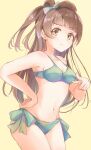  1girl angry ass bikini bow breasts brown_hair brown_pupils cleavage collarbone cowboy_shot eyebrows_visible_through_hair green_bikini green_bow groin hand_on_hip leaning leaning_to_the_side legs legs_together long_hair love_live! medium_breasts minami_kotori navel omoi_seiji pastel_colors pointing pointing_at_viewer ponytail pout simple_background solo source_request swimsuit tareme thighs waist_bow yellow_background yellow_eyes 