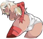  1girl ass ass_focus bandaged_arm bandages blonde_hair breasts cameltoe dark-skinned_female dark_skin enpe guilty_gear hand_on_own_ass looking_at_viewer looking_back medium_breasts ramlethal_valentine shorts sideboob topless yellow_eyes 