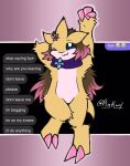  accessory anthro brown_hair circe_(psykwol) claws female flower flower_in_hair fluffy fur generation_1_pokemon hair hair_accessory hi_res looking_at_viewer nintendo one_eye_closed painted_claws pink_claws pink_flower pink_hair plant pokemon pokemon_(species) pokemorph psykwol purple_scarf sandslash scarf smile solo stretching stretching_arms text text_message texting yellow_body yellow_fur 