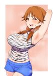  1girl :d ;d animal_print arm_behind_head armpits bangs bare_arms blue_shorts blush breasts breath brown_background brown_eyes brown_hair cowboy_shot dutch_angle eyebrows_visible_through_hair hand_on_hip highres idolmaster idolmaster_cinderella_girls katagiri_sanae large_breasts long_hair looking_at_viewer low_twintails minakami one_eye_closed open_mouth shorts smile solo sweat teeth twintails upper_teeth white_background zebra_print 