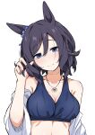  1girl absurdres animal_ears bare_shoulders bikini black_hair blue_bikini blue_eyes blue_nails breasts cleavage closed_mouth commentary_request ear_ornament eishin_flash_(reines_plaetschern)_(umamusume) eishin_flash_(umamusume) hair_between_eyes hand_in_own_hair highres horse_ears horse_girl jacket jewelry looking_at_viewer medium_breasts medium_hair nail_polish necklace shijimi_(sijimi1917) simple_background smile solo swimsuit umamusume upper_body white_background white_jacket 