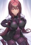  1girl armor bangs blush bodysuit breasts fate/grand_order fate_(series) hair_between_eyes hair_intakes half-closed_eyes highres large_breasts long_hair looking_at_viewer naughty_face p!nta pauldrons purple_bodysuit purple_hair red_eyes scathach_(fate) self_fondle shoulder_armor solo very_long_hair 