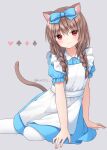  1girl animal_ears anz32 apron bangs blue_bow blue_dress bow braid cat_ears cat_girl cat_tail check_commentary closed_mouth club_(shape) collared_dress commentary_request diamond_(shape) dress eyebrows_visible_through_hair feet_out_of_frame frilled_apron frills grey_background hair_between_eyes hair_bow heart long_hair looking_at_viewer low_twintails original pantyhose puffy_short_sleeves puffy_sleeves red_eyes short_sleeves smile solo spade_(shape) tail twin_braids twintails white_apron white_legwear 