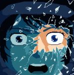  1980s_(style) 1boy bad_end black_hair blue_eyes broken_glass commentary_request crazy crazy_eyes debris glass gundam helmet kamille_bidan kitazume_hiroyuki_(style) mecha_pilot_suit open_mouth pixel_art retro_artstyle sanpaku scene_reference science_fiction space_helmet thousand_yard_stare user_ynzk7837 zeta_gundam 