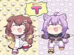  2girls :3 animal_collar animal_ears bone_hair_ornament braid brown_hair cat_ears cat_girl chibi closed_eyes collar commentary_request dog_ears dog_girl dress hair_ornament highres hololive hoso-inu inugami_korone jacket low_twin_braids matarou_(matarou072) multiple_girls navel nekomata_okayu open_mouth outstretched_arms pants red_collar shoes smile sneakers standing standing_on_one_leg sweater sweatpants tomoyohi_(style) twin_braids virtual_youtuber white_dress yellow_jacket 