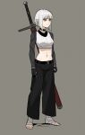  1girl :| abs bad_id bad_twitter_id bandaged_foot bandages belt black_belt black_gloves black_pants bob_cut closed_mouth cropped_shirt full_body gloves gogalking grey_background grey_hair highres huge_weapon inverted_bob midriff navel original pants pointy_ears red_eyes sanpaku scabbard sheath sheathed shirt short_hair simple_background solo standing sword toeless_legwear toned weapon weapon_on_back white_shirt 