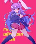  1girl animal_ears bangs black_legwear blazer character_name collared_shirt eyebrows_visible_through_hair finger_gun hair_between_eyes highres jacket kneehighs light_purple_hair long_hair long_sleeves miniskirt necktie oataruu pink_skirt pleated_skirt rabbit_ears red_background red_eyes red_necktie reisen_udongein_inaba shirt skirt socks solo touhou very_long_hair white_shirt 