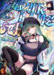  1girl absurdres alternate_costume anniversary azur_lane black_choker black_thighhighs brick_wall bright_pupils casual choker copyright_name denim denim_shorts furido_(frifridress) graffiti green_hair highres jacket long_hair long_sleeves looking_at_viewer manjuu_(azur_lane) marco_polo_(azur_lane) nail_polish paint raffaello_(azur_lane) red_nails shorts solo symbol-shaped_pupils thighhighs tongue tongue_out white_jacket x-shaped_pupils yellow_eyes 