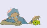  1boy ? arm_support azisaiharumaki56 closed_mouth commentary_request emmet_(pokemon) grey_background grey_eyes grey_hair highres joltik looking_at_another male_focus no_headwear pokemon pokemon_(creature) pokemon_bw short_hair short_sleeves smile 