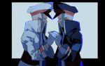  2boys azisaiharumaki56 black_coat black_hat blue_necktie brothers coat commentary_request emmet_(pokemon) gloves grey_eyes grey_hair hat highres holding_hands ingo_(pokemon) long_sleeves looking_at_another male_focus matching_outfits multiple_boys necktie peaked_cap pokemon pokemon_bw sad shirt short_hair siblings upper_body white_coat white_gloves white_shirt 