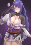  1girl absurdres areola_slip areolae blush breasts cleavage genshin_impact heart highres large_breasts looking_at_viewer md5_mismatch purple_eyes purple_hair raiden_shogun solo srn_ana thought_bubble 