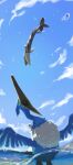  arrokuda bird cloud commentary cramorant day fish highres no_humans open_mouth outdoors pokemon pokemon_(creature) ponimu sky symbol-only_commentary water water_drop 