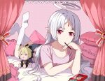  1girl ahoge aruvian13 character_doll commission curtains feet_up food forehead_jewel head_rest highres hyde_(under_night_in-birth) long_hair lying on_stomach pillow pink_shirt pink_theme pocky pointy_ears red_eyes shirt socks under_night_in-birth vatista white_hair 