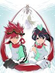  2boys 2girls aegiomon angrynerd_c bare_shoulders black_gloves black_hair black_vest breasts commentary_request digimon digimon_(creature) digimon_story:_time_stranger dress elbow_gloves gloves goggles goggles_on_head green_dress green_hat green_jacket grey_hair group_picture hat highres holding jacket long_hair medium_breasts misono_inori multicolored_jacket multiple_boys multiple_girls red_hair red_scarf scarf short_hair sleeveless sleeveless_dress smile two-tone_dress two-tone_jacket vest white_dress white_gloves white_jacket yellow_eyes yuuki_dan yuuki_kanan 