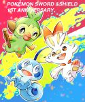  :d commentary_request copyright_name etsuko_pkmn fangs grookey highres holding holding_stick no_humans open_mouth pokemon pokemon_(creature) scorbunny smile sobble stick tongue 
