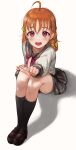  1girl absurdres ahoge bangs braid clover_hair_ornament commentary hair_ornament highres long_sleeves looking_at_viewer love_live! love_live!_sunshine!! md5_mismatch medium_hair orange_hair pointing pointing_at_viewer red_eyes school_uniform side_braid sitting solo takami_chika torriet uranohoshi_school_uniform 