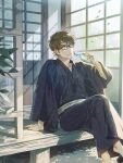  1boy absurdres ace_of_diamond black_kimono bottle brown_eyes brown_hair closed_mouth crossed_legs day glasses highres holding holding_bottle japanese_clothes kimono male_focus miyuki_kazuya one_eye_closed outdoors sato_(sato_1_11) short_hair sideburns sitting smile solo water_bottle yukata 