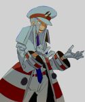  1boy azisaiharumaki56 belt blue_necktie coat collared_shirt commentary_request emmet_(pokemon) gloves grey_background hat highres male_focus necktie open_mouth pants peaked_cap pokemon pokemon_(creature) pokemon_bw red_belt sad shirt simple_background solo tears upper_body white_coat white_gloves white_pants white_shirt 