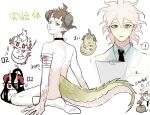  +_+ 4boys ahoge alternate_costume annoyed arm_support arrow_(symbol) bandaged_arm bandages bangs black_choker black_hair blood blush brown_eyes brown_hair chinese_commentary chinese_text choker commentary_request danganronpa_(series) danganronpa_2:_goodbye_despair demon_horns dragon dragon_boy dragon_horns dragon_tail frown grey_background grey_hair highres hinata_hajime hinata_hajime_(awakened) holding horns kamukura_izuru komaeda_nagito long_hair looking_at_viewer looking_back male_focus multiple_boys necktie nude red_eyes short_hair simple_background sitting socks tail translation_request wariza white_background white_hair white_legwear zhileng_kong_tiao zzz 